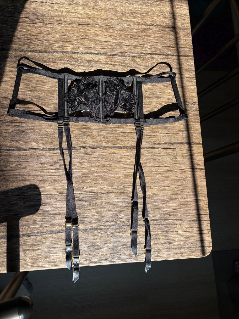 Victoria's Secret Black Lace Garter Belt with Floral Appliqué